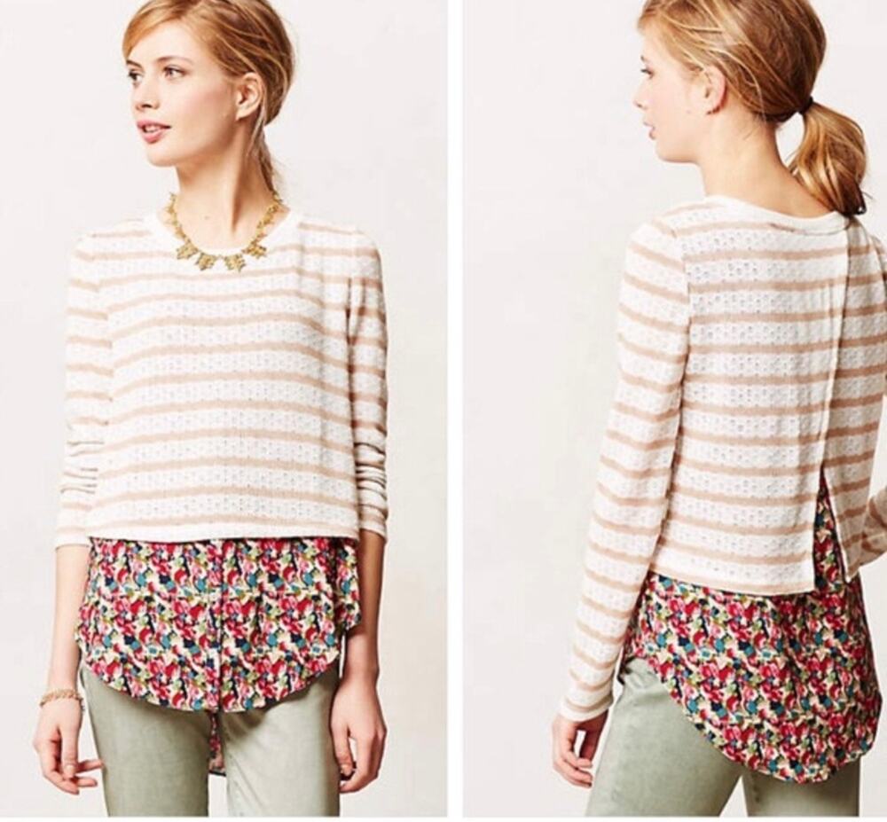 Anthropologie Postmark Ginny Striped Mixed Media Floral Sweater, Size Medium